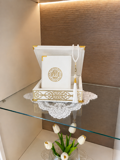 Velvet Covered Quran and Pearl Tasbih in Wooden Decorative Box | Islamic Gift Set | Muslim Eid Ramadan Gift