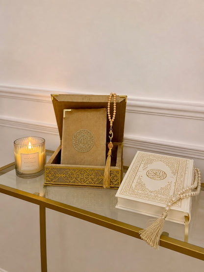 Velvet Covered Quran and Pearl Tasbih in Wooden Decorative Box | Islamic Gift Set | Muslim Eid Ramadan Gift