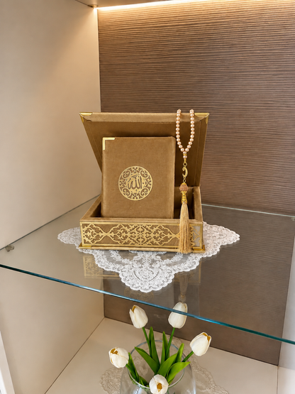 Velvet Covered Quran and Pearl Tasbih in Wooden Decorative Box | Islamic Gift Set | Muslim Eid Ramadan Gift