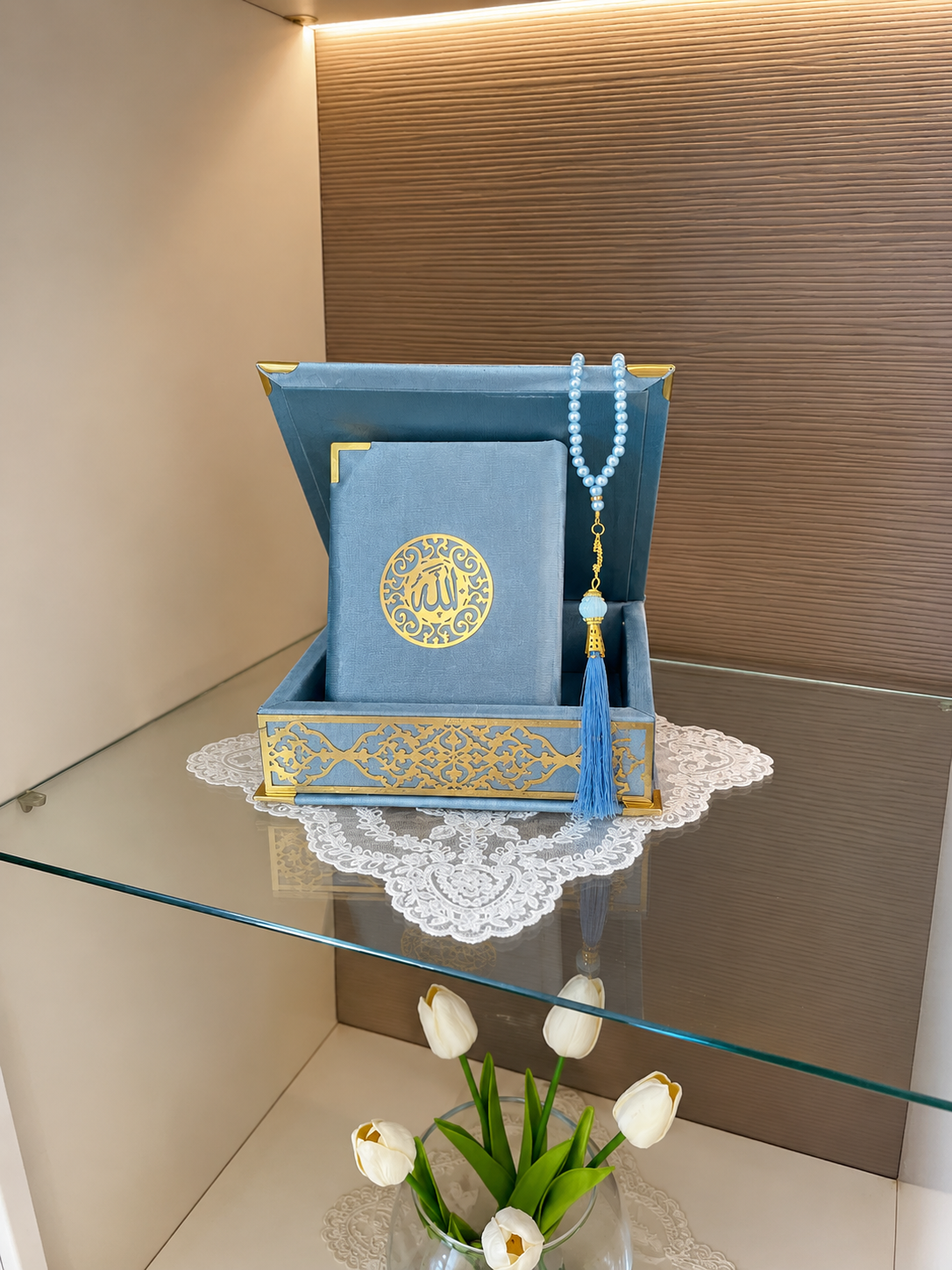 Velvet Covered Quran and Pearl Tasbih in Wooden Decorative Box | Islamic Gift Set | Muslim Eid Ramadan Gift