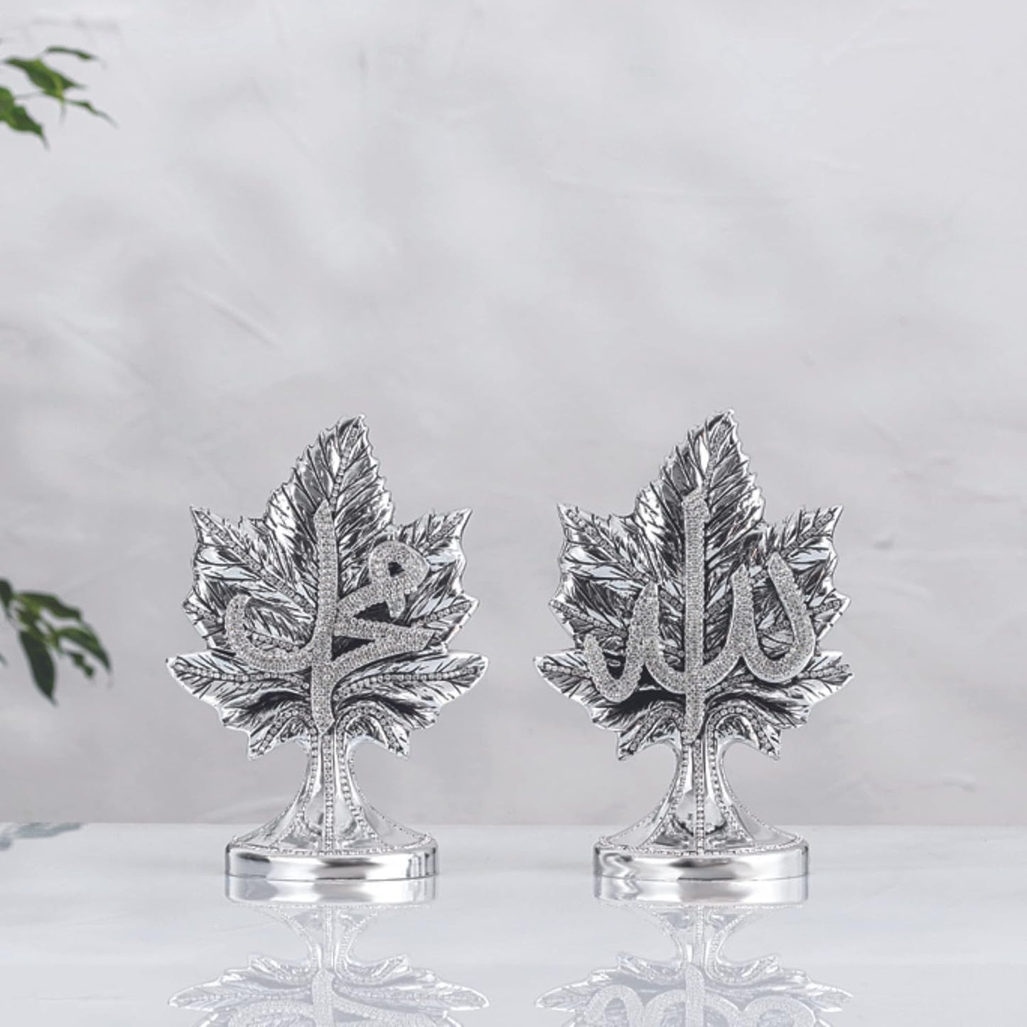 Names of Allah and Muhammad Written Leaf Shape Islamic Figurines Set of 2