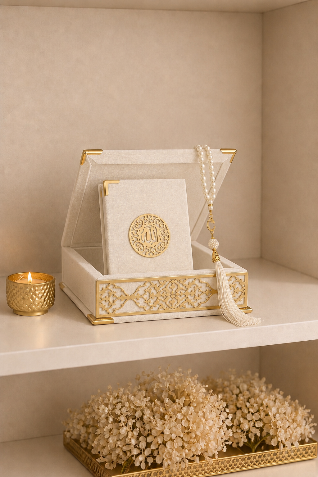 Velvet Covered Quran and Pearl Tasbih in Wooden Decorative Box | Islamic Gift Set | Muslim Eid Ramadan Gift