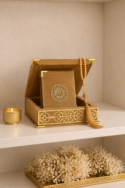 Velvet Covered Quran and Pearl Tasbih in Wooden Decorative Box | Islamic Gift Set | Muslim Eid Ramadan Gift