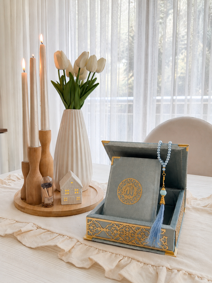 Velvet Covered Quran and Pearl Tasbih in Wooden Decorative Box | Islamic Gift Set | Muslim Eid Ramadan Gift