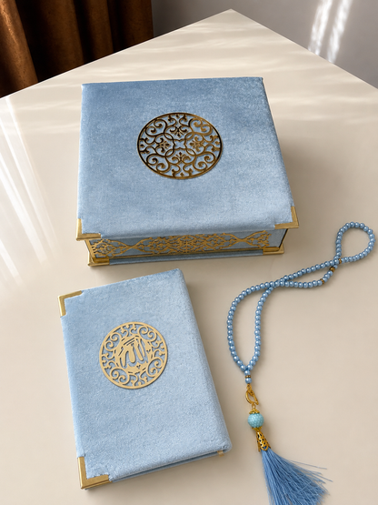 Velvet Covered Quran and Pearl Tasbih in Wooden Decorative Box | Islamic Gift Set | Muslim Eid Ramadan Gift