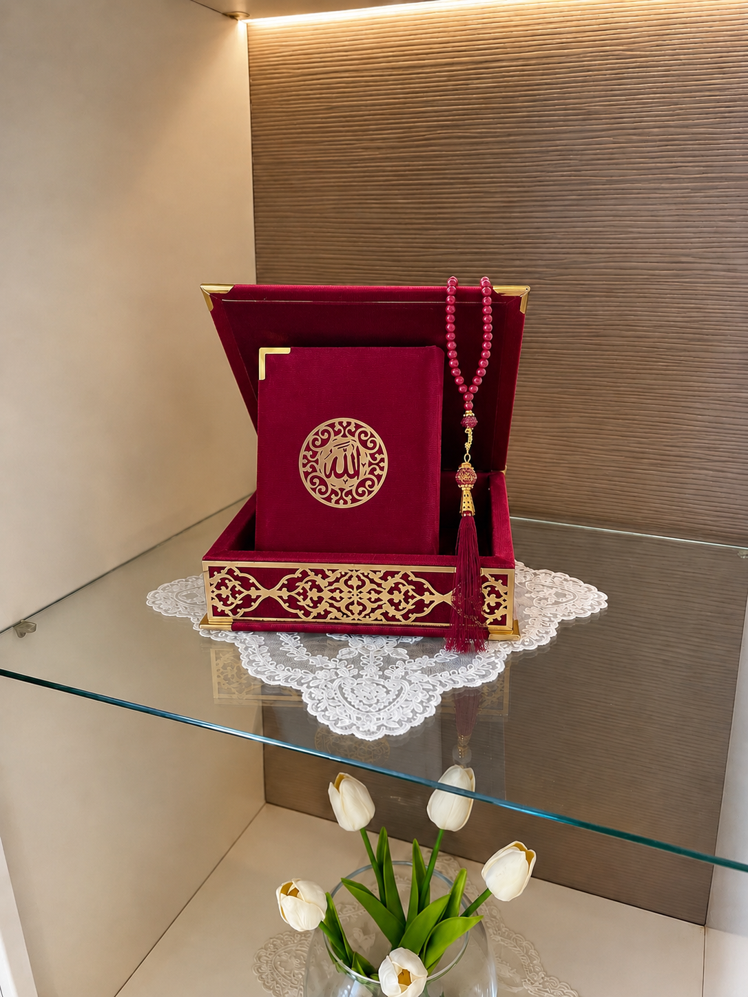 Velvet Covered Quran and Pearl Tasbih in Wooden Decorative Box | Islamic Gift Set | Muslim Eid Ramadan Gift