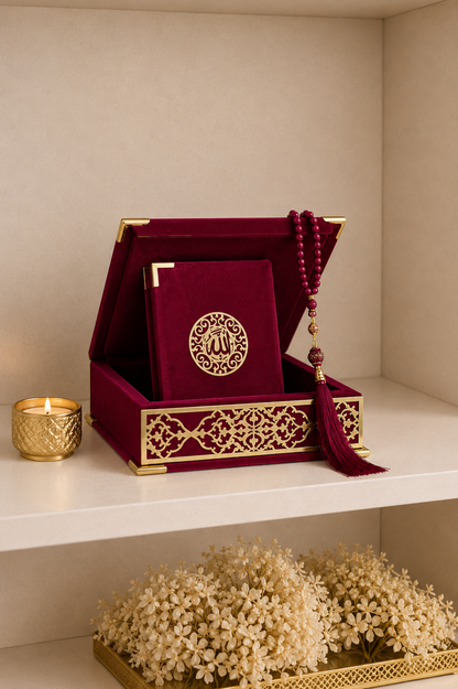 Velvet Covered Quran and Pearl Tasbih in Wooden Decorative Box | Islamic Gift Set | Muslim Eid Ramadan Gift