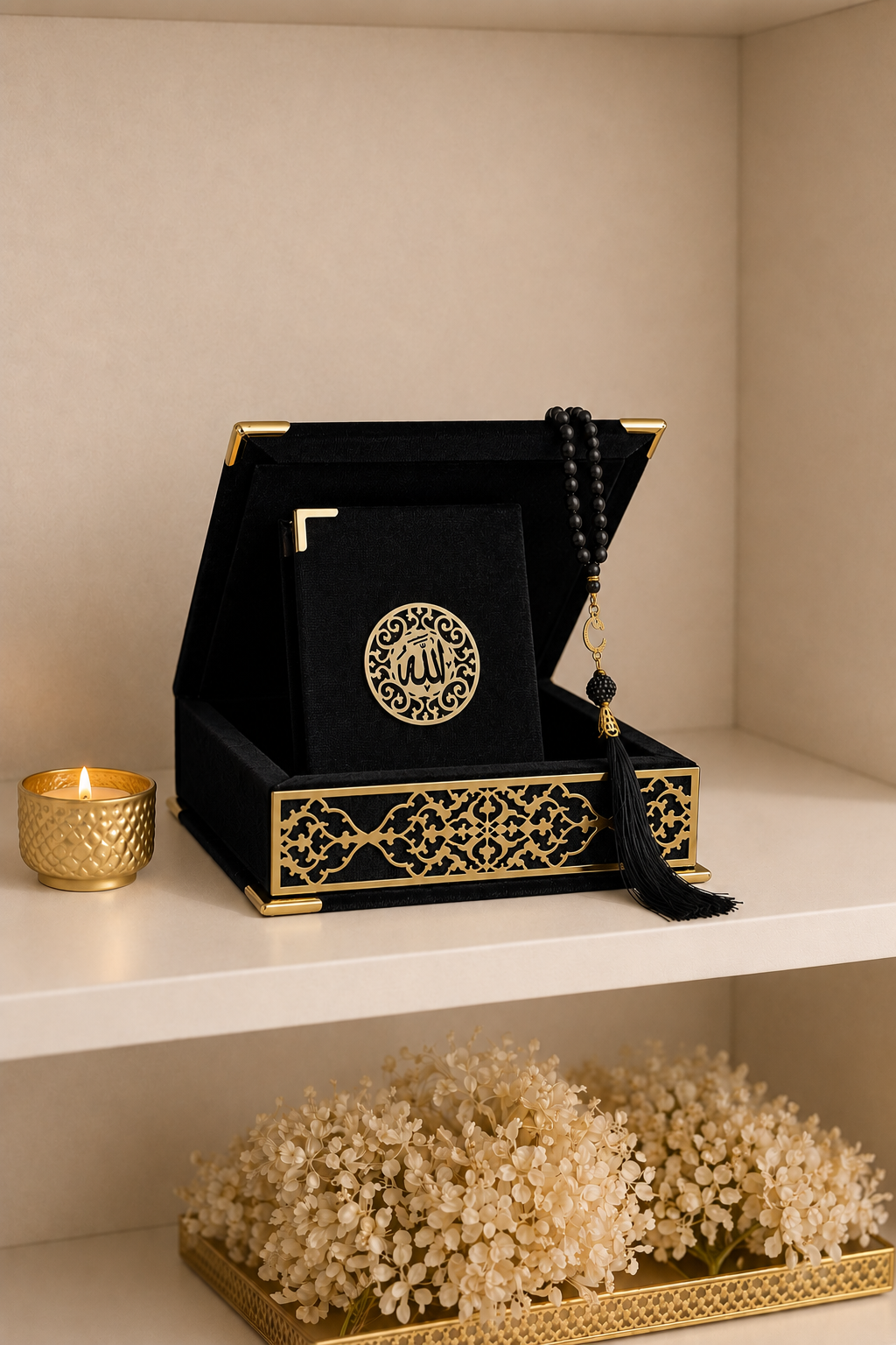 Velvet Covered Quran and Pearl Tasbih in Wooden Decorative Box | Islamic Gift Set | Muslim Eid Ramadan Gift