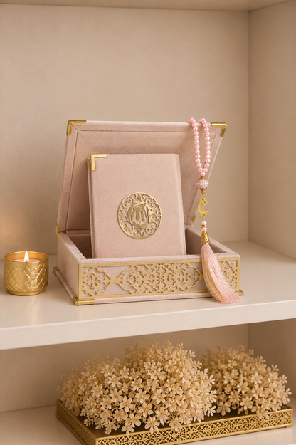 Velvet Covered Quran and Pearl Tasbih in Wooden Decorative Box | Islamic Gift Set | Muslim Eid Ramadan Gift