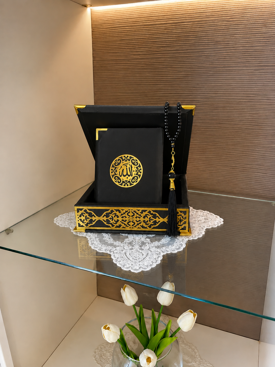 Velvet Covered Quran and Pearl Tasbih in Wooden Decorative Box | Islamic Gift Set | Muslim Eid Ramadan Gift