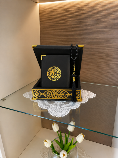 Velvet Covered Quran and Pearl Tasbih in Wooden Decorative Box | Islamic Gift Set | Muslim Eid Ramadan Gift
