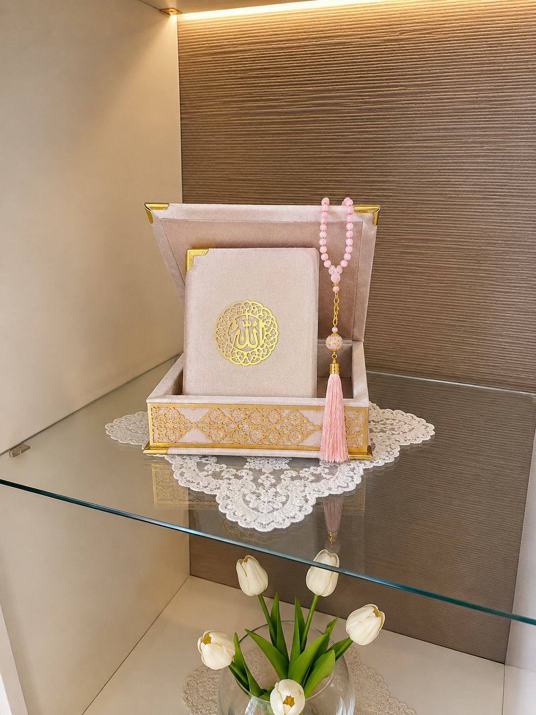 Velvet Covered Quran and Pearl Tasbih in Wooden Decorative Box | Islamic Gift Set | Muslim Eid Ramadan Gift