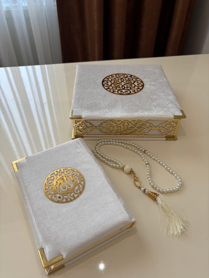Velvet Covered Quran and Pearl Tasbih in Wooden Decorative Box | Islamic Gift Set | Muslim Eid Ramadan Gift