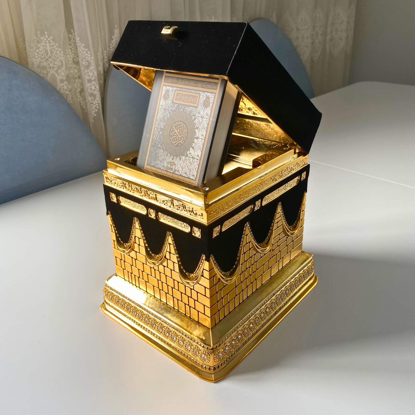 Luxury Kaaba Quran Set with Gold-Plated Mini Quran & Black Velvet Accents