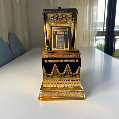 Luxury Kaaba Quran Set with Gold-Plated Mini Quran & Black Velvet Accents