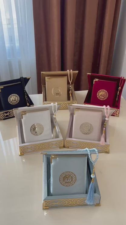 Velvet Covered Quran and Pearl Tasbih in Wooden Decorative Box | Islamic Gift Set | Muslim Eid Ramadan Gift