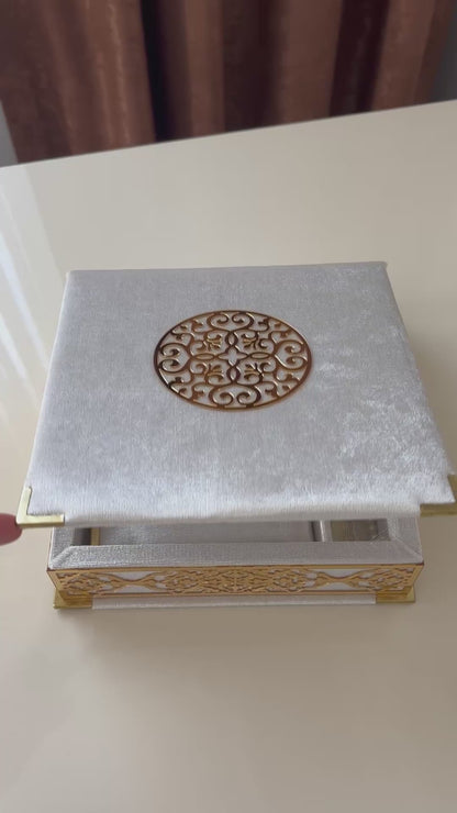 Velvet Covered Quran and Pearl Tasbih in Wooden Decorative Box | Islamic Gift Set | Muslim Eid Ramadan Gift