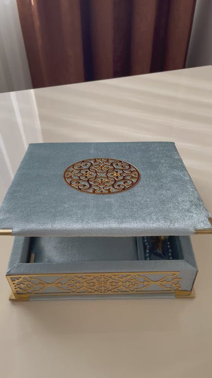 Velvet Covered Quran and Pearl Tasbih in Wooden Decorative Box | Islamic Gift Set | Muslim Eid Ramadan Gift