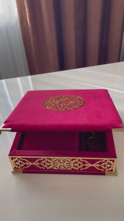 Velvet Covered Quran and Pearl Tasbih in Wooden Decorative Box | Islamic Gift Set | Muslim Eid Ramadan Gift