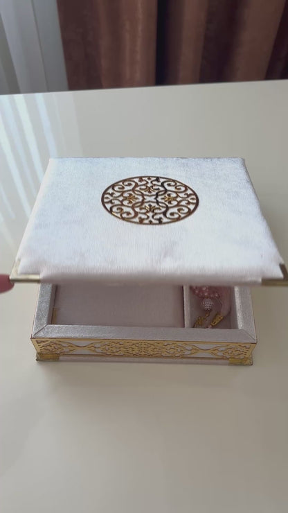Velvet Covered Quran and Pearl Tasbih in Wooden Decorative Box | Islamic Gift Set | Muslim Eid Ramadan Gift